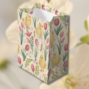 Sac Cadeau Moyen Pâques vintage poussins jaunes mignons tulipes rou