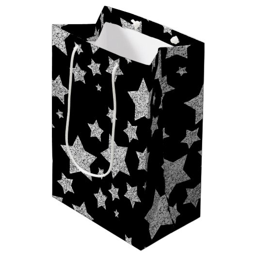 Sac Cadeau Moyen Parties scintillant argent scintille Étoiles motif (Devant Angle)