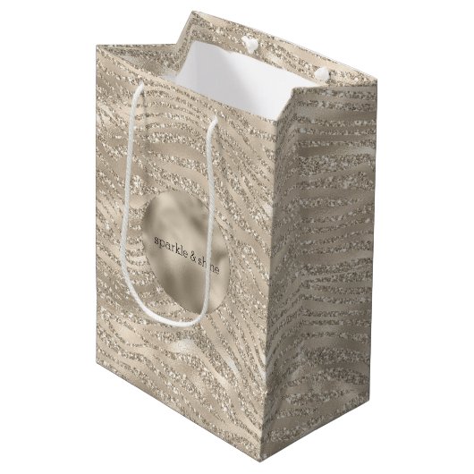 Sac Cadeau Moyen Parties scintillant Champagne d'or Zebra Imprimer  (Devant Angle)