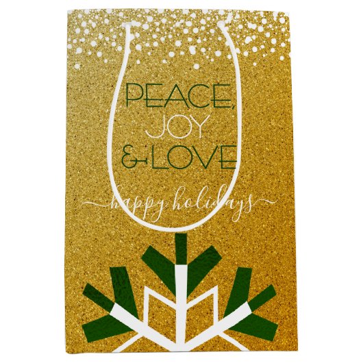Sac Cadeau Moyen Parties scintillant d'or Snowflake Paix Joie Amour (Devant)