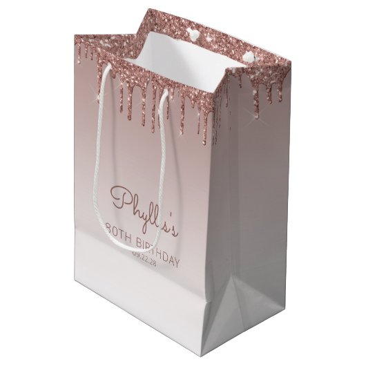 Sac Cadeau Moyen Parties scintillant Drip 80th Birthday Rose Gold (Devant Angle)