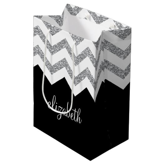 Sac Cadeau Moyen Parties scintillant noire et argent Imprimer Chevr (Devant Angle)