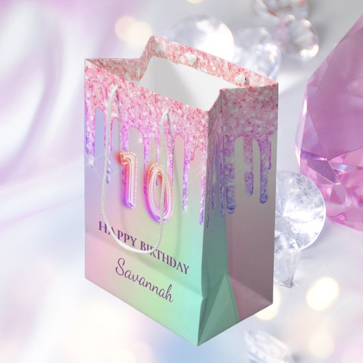 Sac Cadeau Moyen Parties scintillant rose goutte holographique 10e