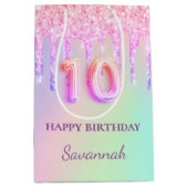 Sac Cadeau Moyen Parties scintillant rose goutte holographique 10e (Devant)