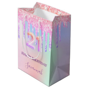 Sac Cadeau Moyen parties scintillant rose violet 21e anniversaire g