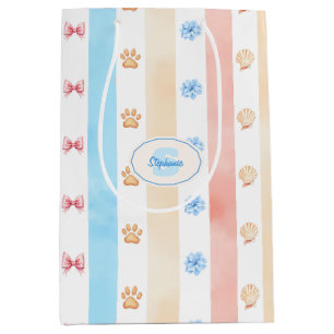 Sac Cadeau Moyen Pastel Stripe - Empreintes de pattes, Fleur Bleue,