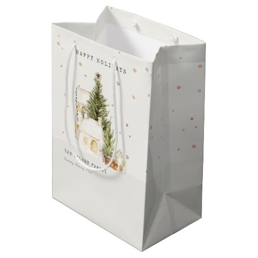 Sac Cadeau Moyen Pastel White Snow Tree Maisons Joyeuses Fêtes (Dos Angle)