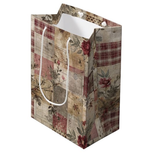 Sac Cadeau Moyen Patchwork Botanique Rustique Vintage (Devant Angle)