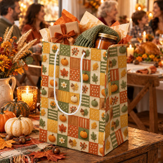 Sac Cadeau Moyen Patchwork de citrouille automnal rustique pour Tha