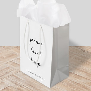 Sac Cadeau Moyen Peace Love and Hugs Minimal Simple White Christmas