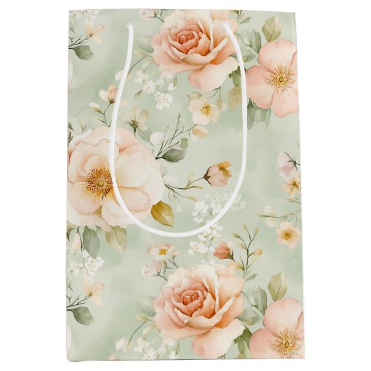 Sac Cadeau Moyen Peach Mint Pretty Roses Floral Bridal Shower (Devant)