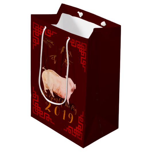 Sac Cadeau Moyen Peinture Bambou Chinois Cadre Cochon Année 2019 Do (Devant Angle)