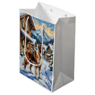 Sac Cadeau Moyen Peinture de Noël alpine vintage de Saint-Bernard