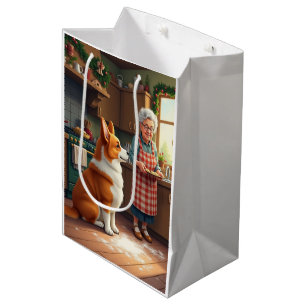 Sac Cadeau Moyen Peinture de Noël de Corgi faisant de la pâtisserie