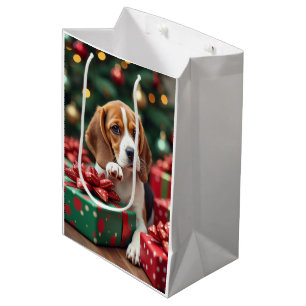 Sac Cadeau Moyen Peinture de Noël : un Beagle emballant des cadeaux