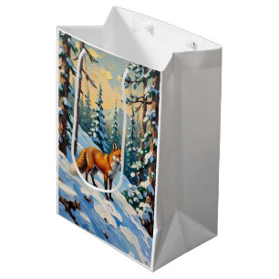Sac Cadeau Moyen Peinture de Noël vintage renard dans les bois enne