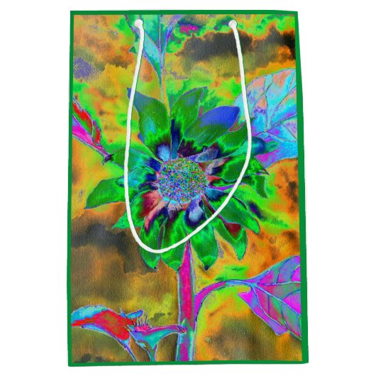 Sac Cadeau Moyen Peinture de tournesol abstraite rétro or vert (Devant)