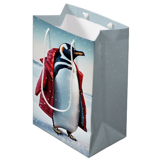 Sac Cadeau Moyen Penguin de Noël portant un manteau rouge (Devant Angle)