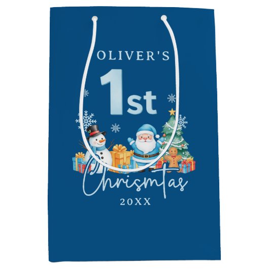 Sac Cadeau Moyen Père Noël Bleue 1er Noël avec Snowman, Tree et Gi (Devant)