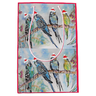 Sac Cadeau Moyen Père Noël Budgie Noël aquarelle peinture oiseau