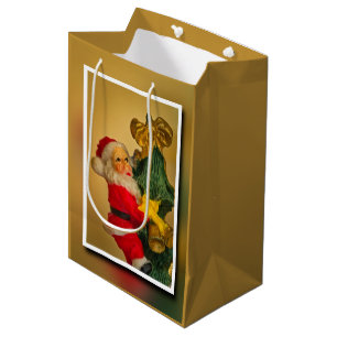 Sac Cadeau Moyen Père Noël Escalade the Christmas Tree Vintage Gold