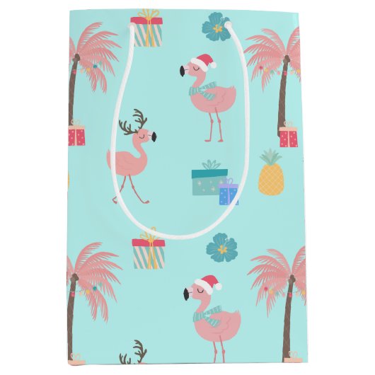 Sac Cadeau Moyen Père Noël Flamingo Pattern Amusant Turquoise Tropi (Devant)