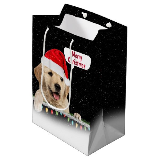 Sac Cadeau Moyen Père Noël Golden Retriever dans les flocons de nei (Devant Angle)