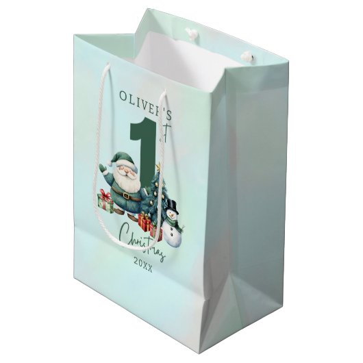 Sac Cadeau Moyen Père Noël Vert 1er Noël (Devant Angle)