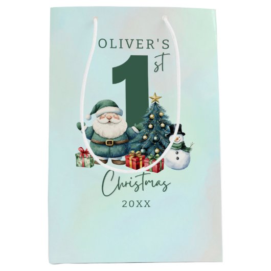 Sac Cadeau Moyen Père Noël Vert 1er Noël (Devant)