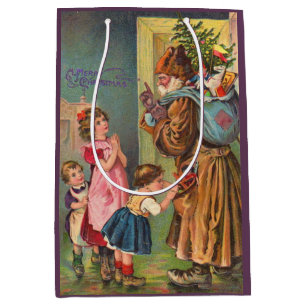 Sac Cadeau Moyen Père Noël victorien et enfants Joyeux Noël