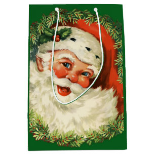 Sac Cadeau Moyen Père Noël vintage avec couronne de pin