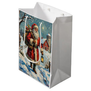 Sac Cadeau Moyen Père Noël vintage sur le chemin enneigé de la ferm