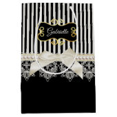 Sac Cadeau Moyen Perles et nom noir d'or d'arc de crème de rayures (Devant)