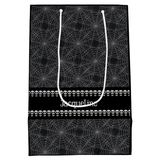 Sac Cadeau Moyen Personalized Black Gothic Skull and Spiderweb Name (Dos)