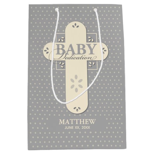 Sac Cadeau Moyen Personnaliser, Dédication bébé Crème et Croix gris (Devant)