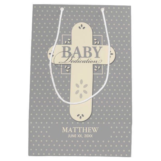 Sac Cadeau Moyen Personnaliser, Dédication bébé Crème et Croix gris (Dos)