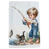 Sac Cadeau Moyen Petit Garçon Pêche avec un chaton (Devant)
