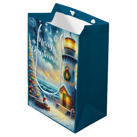 Sac Cadeau Moyen Phare de Noël Arbre Nautique Bleu Côtier (Devant Angle)