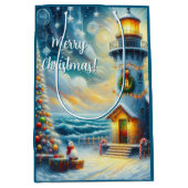 Sac Cadeau Moyen Phare de Noël Arbre Nautique Bleu Côtier (Devant)