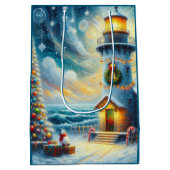 Sac Cadeau Moyen Phare de Noël Arbre Nautique Bleu Côtier (Dos)