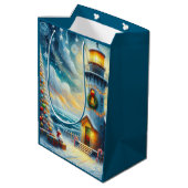 Sac Cadeau Moyen Phare de Noël Arbre Nautique Bleu Côtier (Dos Angle)