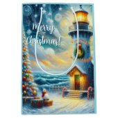 Sac Cadeau Moyen Phare de Noël Arbre Nautique Bleu Côtier (Devant)
