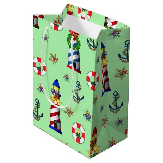 Sac Cadeau Moyen Phare de Noël nautique sur Arrière - plan vert (Dos Angle)