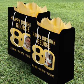 Sac Cadeau Moyen photo d'anniversaire 80 ans maintenant et autrefoi
