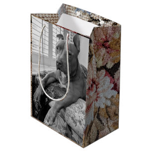 Sac Cadeau Moyen Photographie Pitbull avec Fleurs