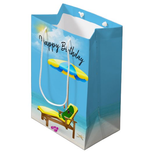 Sac Cadeau Moyen Picket D'Anniversaire Sur Chaise De Plage (Devant Angle)