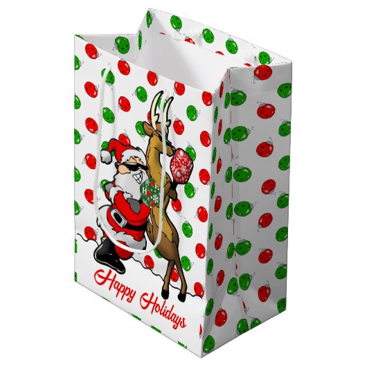 Sac Cadeau Moyen Pickleball Partners Père Noël & Reindeer Ornaming (Devant Angle)
