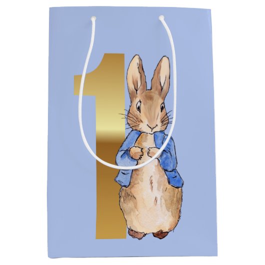 Sac Cadeau Moyen Pierre le lapin Or No 1 Premier anniversaire bleu (Devant)