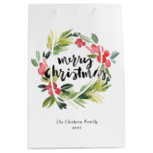 Sac Cadeau Moyen Pin d'aquarelle et couronne blanche Joyeux Noël (Devant)
