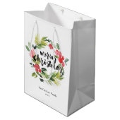 Sac Cadeau Moyen Pin d'aquarelle et couronne blanche Joyeux Noël (Devant Angle)